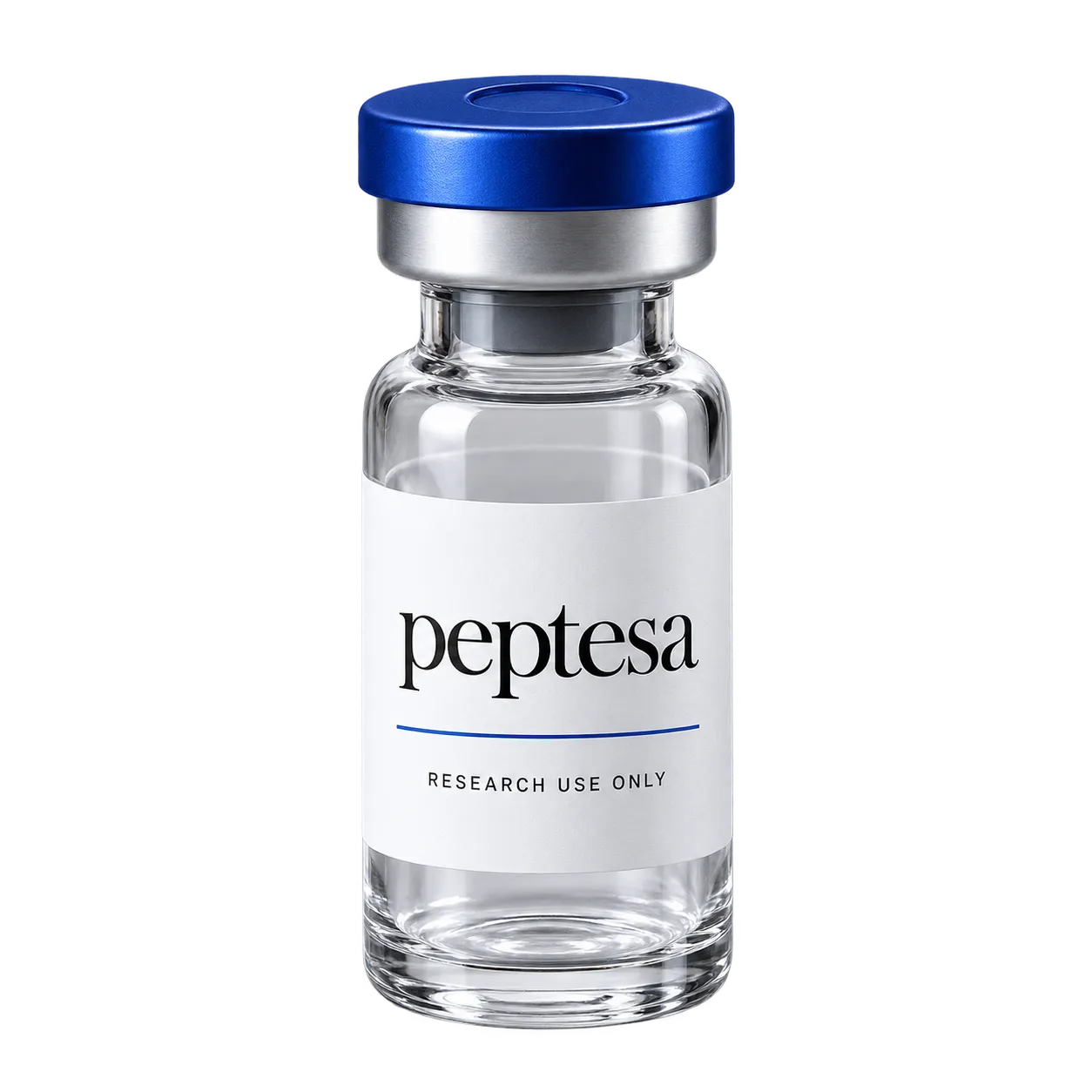 Illustrative Peptesa research vial with a white label and cobalt cap